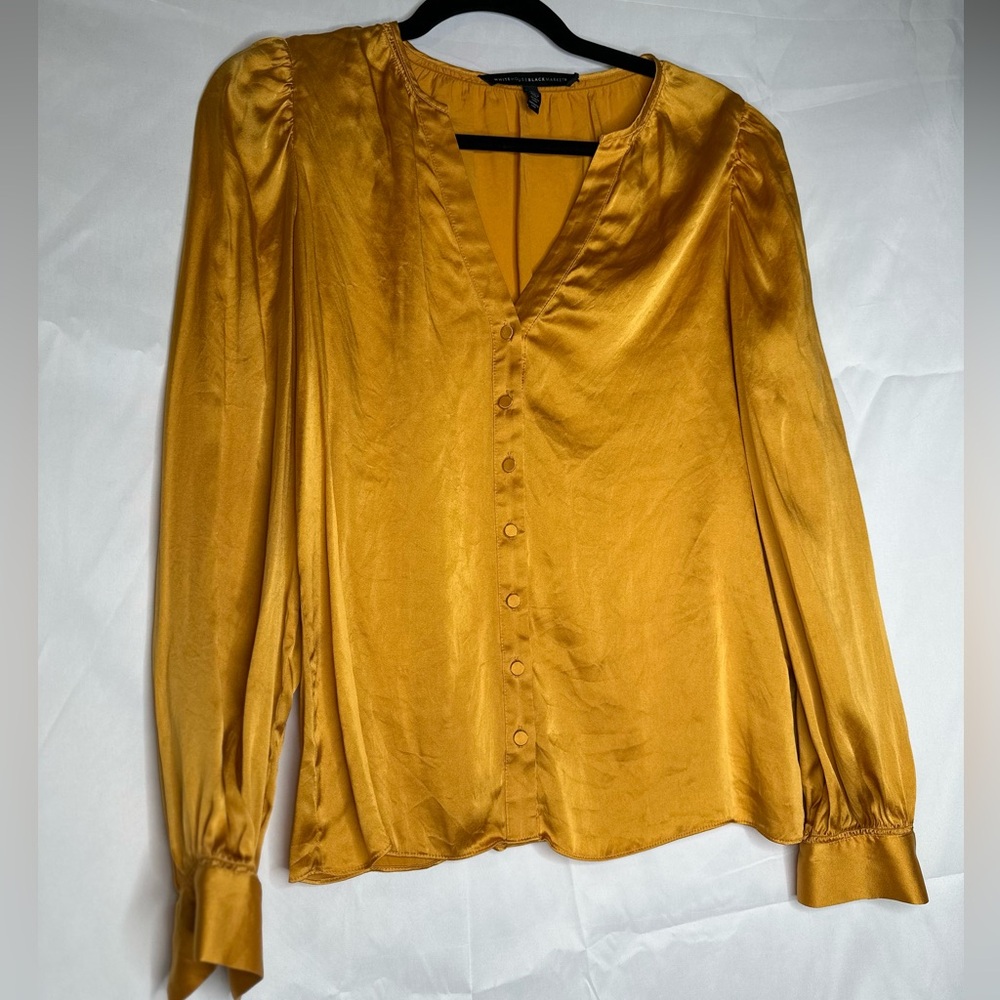 White House Black Market mustard yellow long sleeve satin shirt